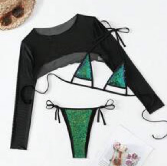 GREEN GLITTER TRIANGLE BIKINI WITH BEACH COVER SWIMSUIT BY SHEINSIZE XL (US 12- - Picture 3 of 8